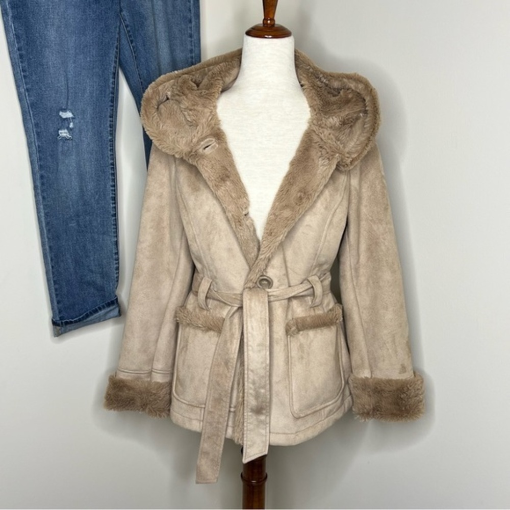 Jones New York Faux Fur Trim/Suede So Soft Tie Waist Coat size Small